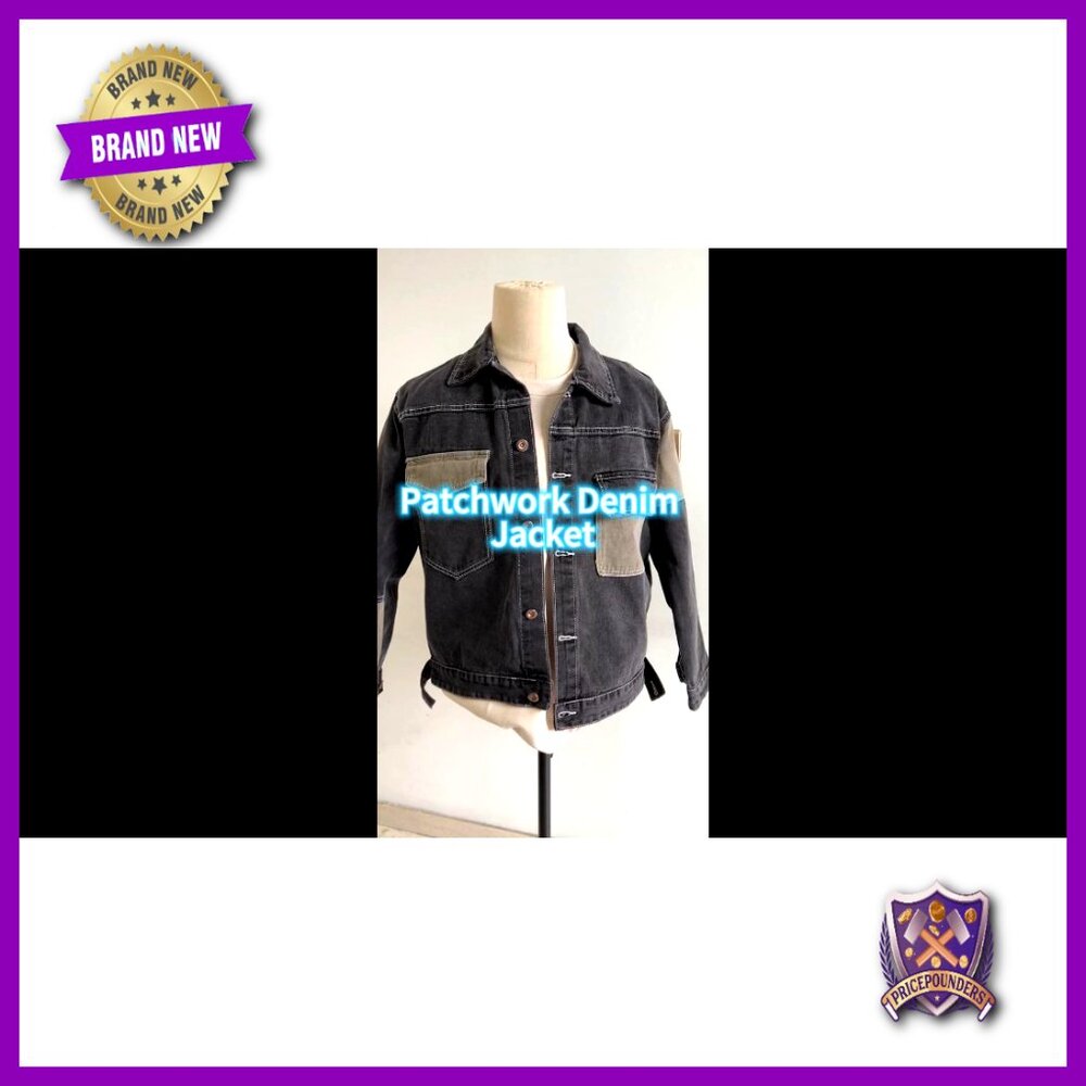 Oversized Denim Jacket Patchwork Color Block Butt… - image 7